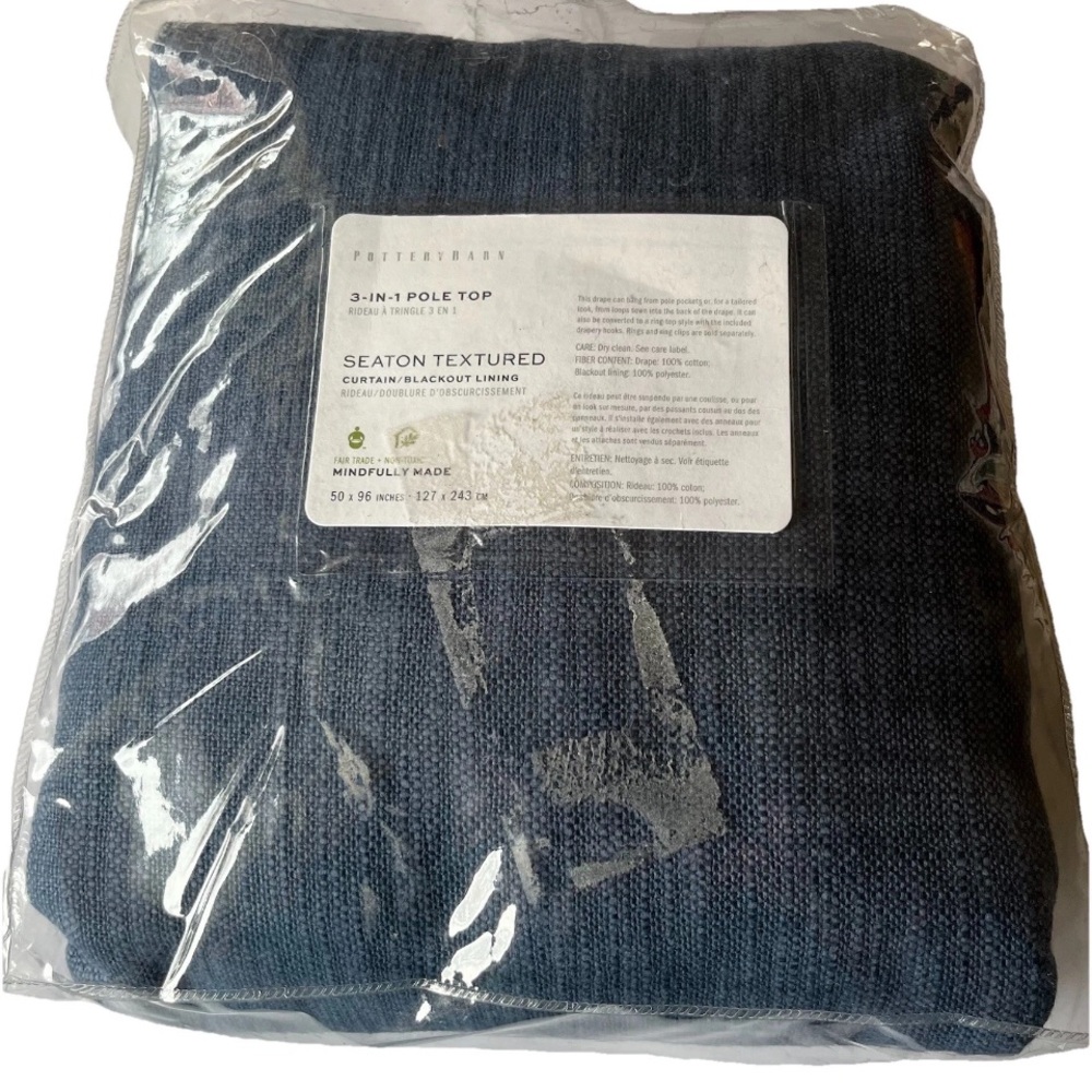 Pottery Barn Seaton Drape Single Panel 50” x 96” Color Denim Textured New Open